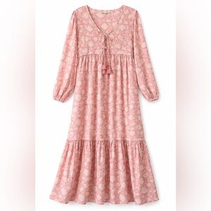 Ophelia & Indigo Pink Floral Boho Tiered Maxi Dress Tassel Tie S/M